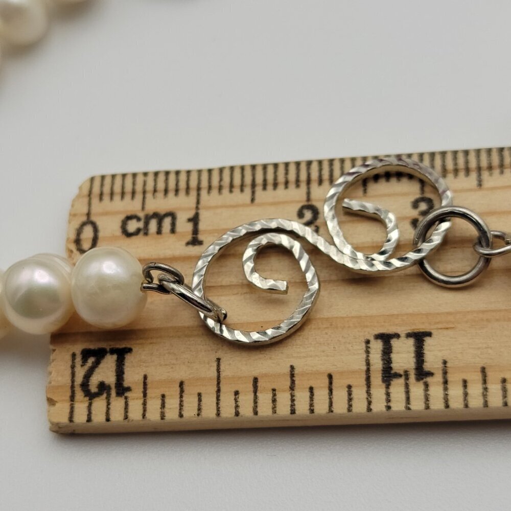 White Baroque Pearls Silver Tone Swirl Link Chain Necklace 38 In Long Continuous - Picture 3 of 3
